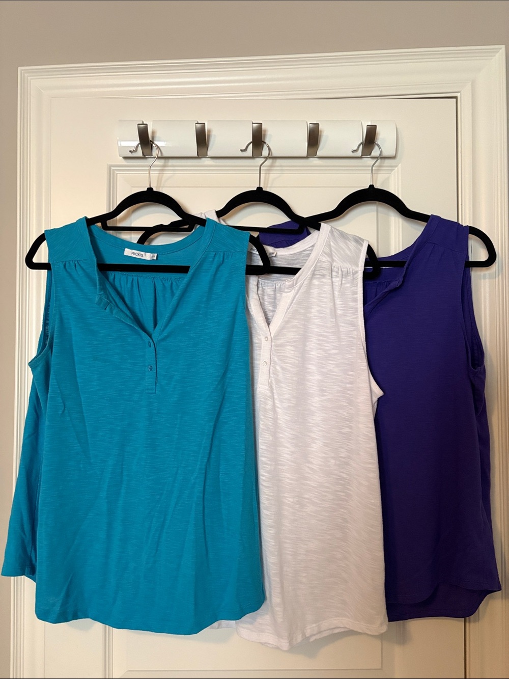 Ricki's Sleeveless Henley Tank Trio - Teal, White, Purple